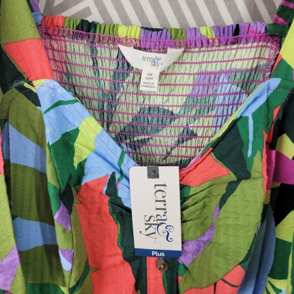 NEW Terra Sky Tropical Hawaiian Dress Plus 0X 14W Floral Shirred Top Stretch - Picture 6 of 9